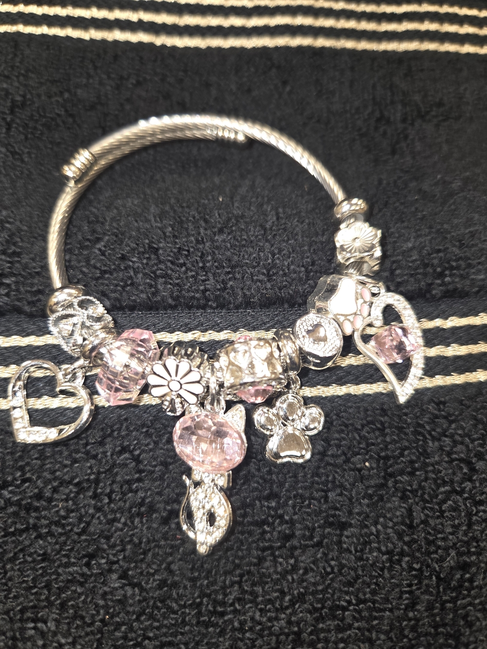 Silver Charm Bracelet with Pink Crystal Accents Cat Lover Theme